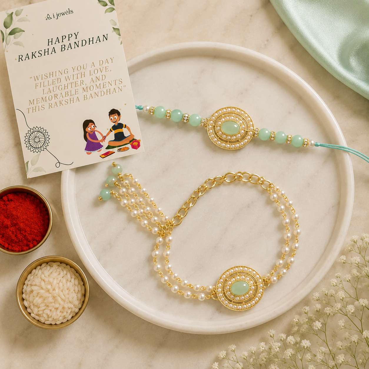 Elegant Bhaiya Bhabhi Lumba & Pearl Rakhi With Roli Chawal & Card