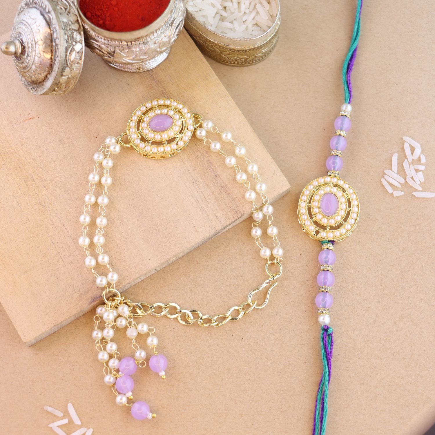 Elegant Bhaiya Bhabhi Lumba Pearl & Rakhi With Roli Chawal & Card