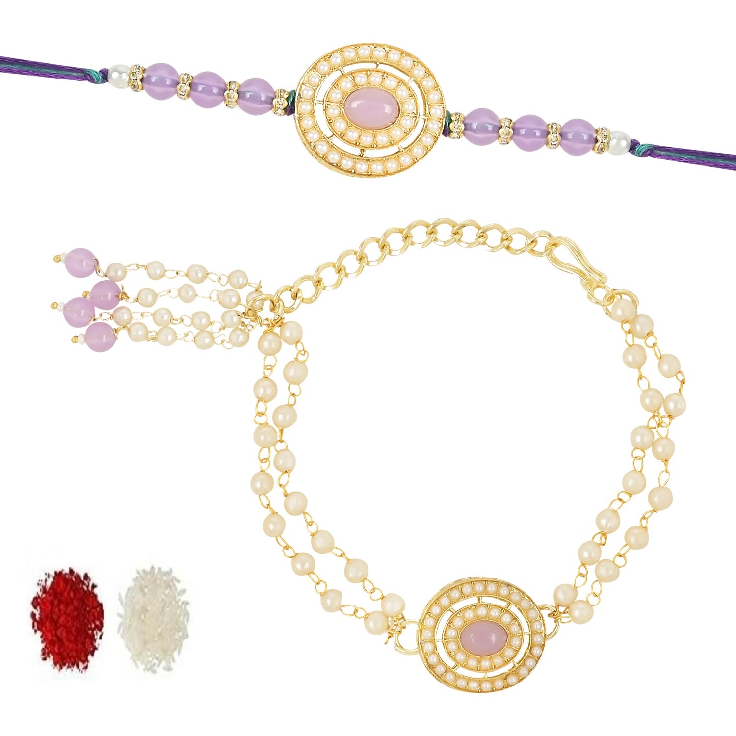 Elegant Bhaiya Bhabhi Lumba Pearl & Rakhi With Roli Chawal & Card