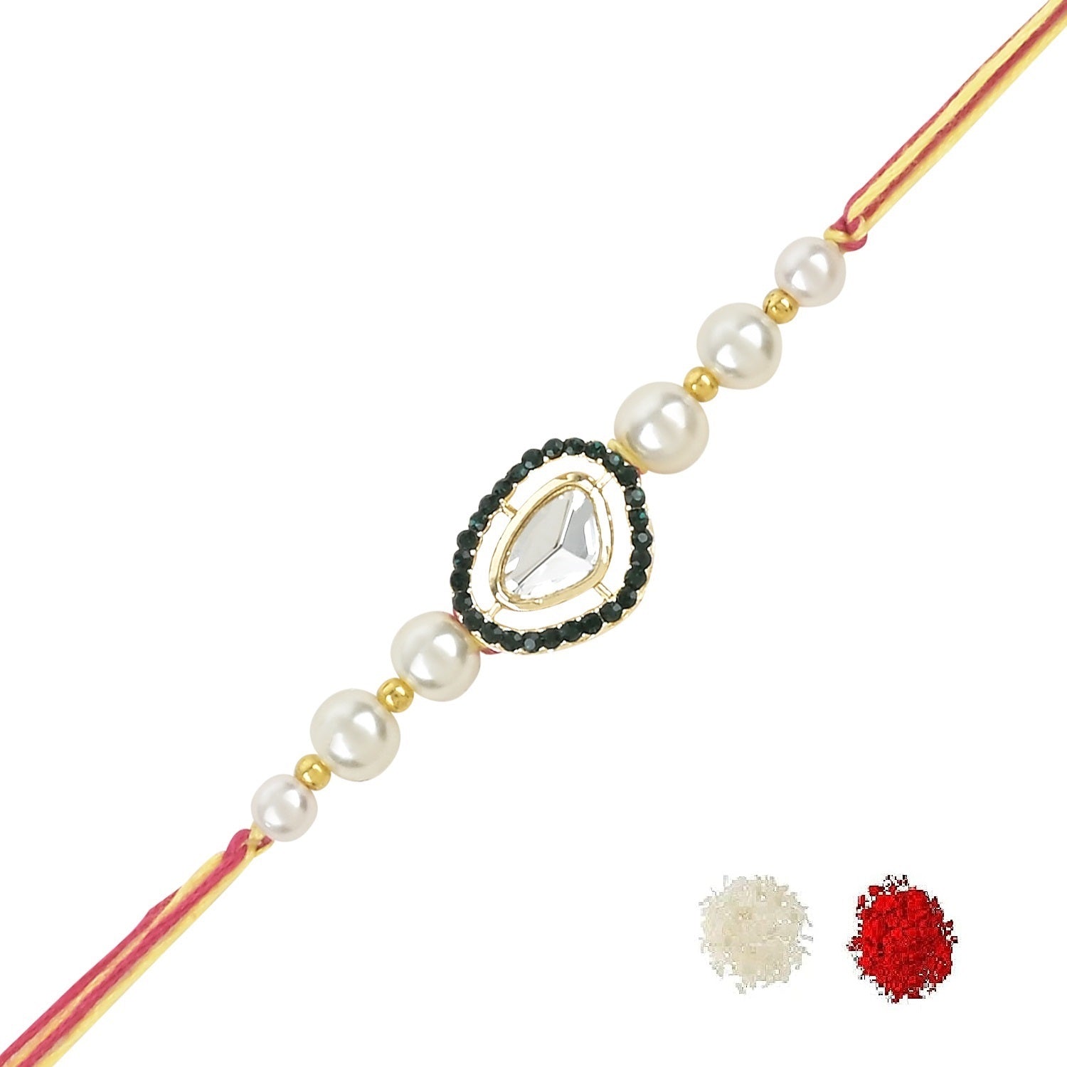 Beautiful Kundan & Pearl Rakhi with Roli Chawal & Card