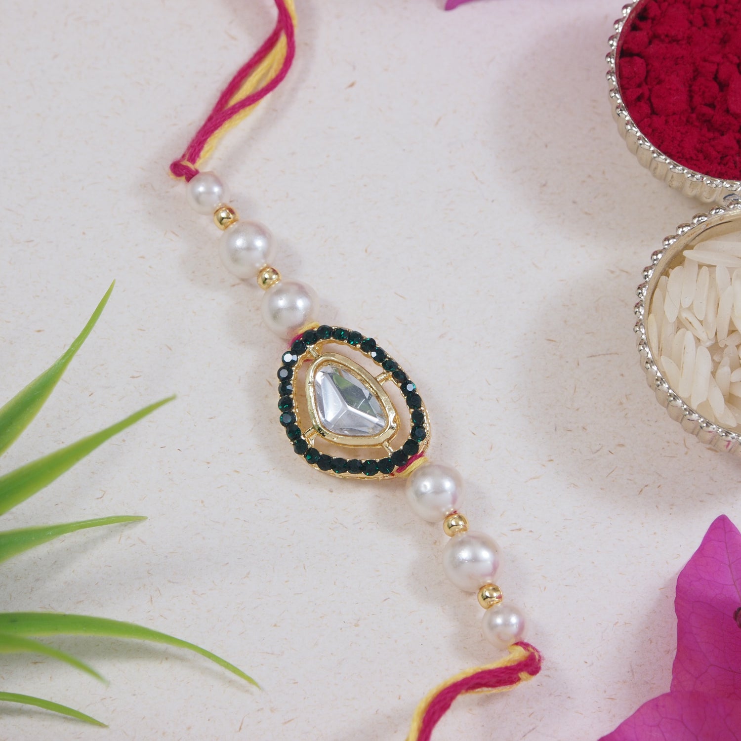 Beautiful Kundan & Pearl Rakhi with Roli Chawal & Card