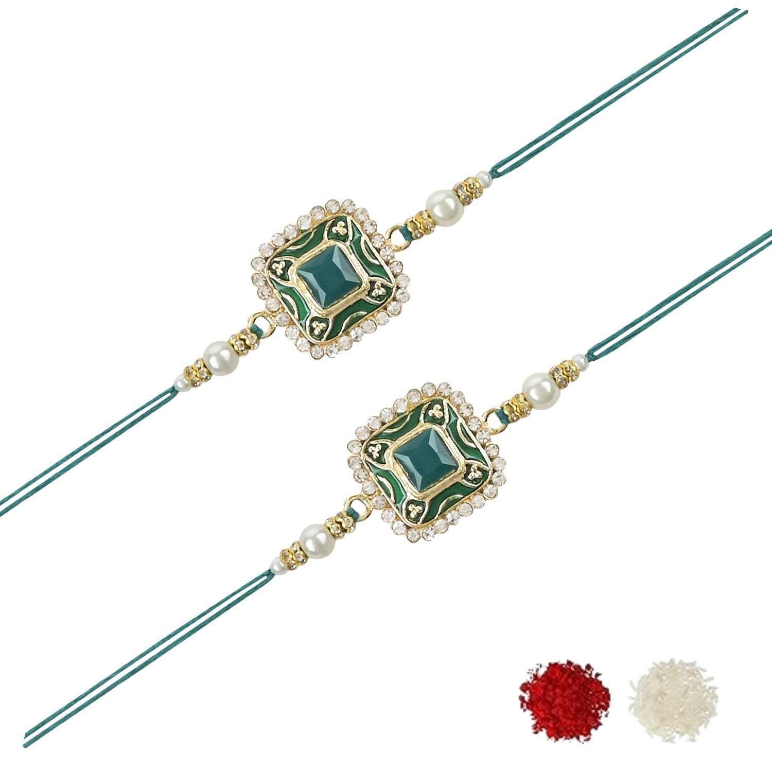 Colourful Beads And Meenakari Rakhi with Roli Chawal & Card (Pack of 2)