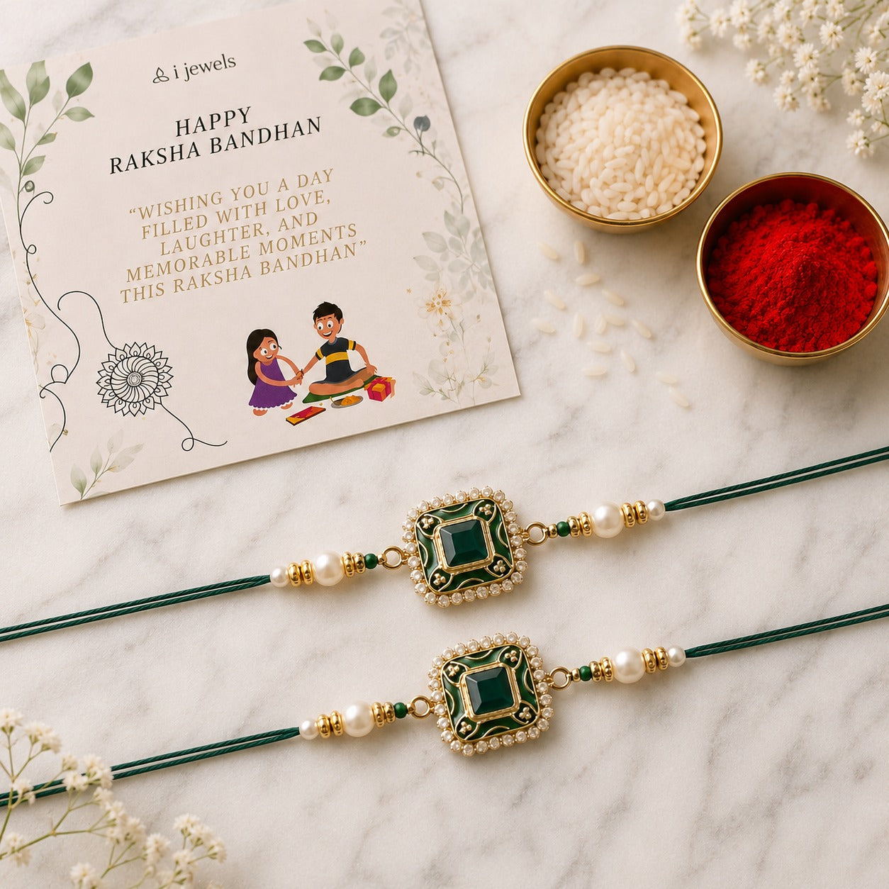 Colourful Beads And Meenakari Rakhi with Roli Chawal & Card (Pack of 2)