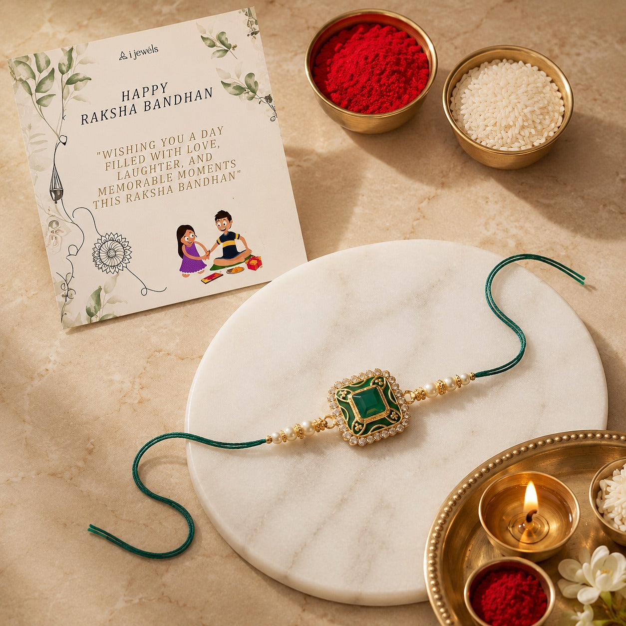 Colourful Beads And Meenakari Rakhi with Roli Chawal & Card