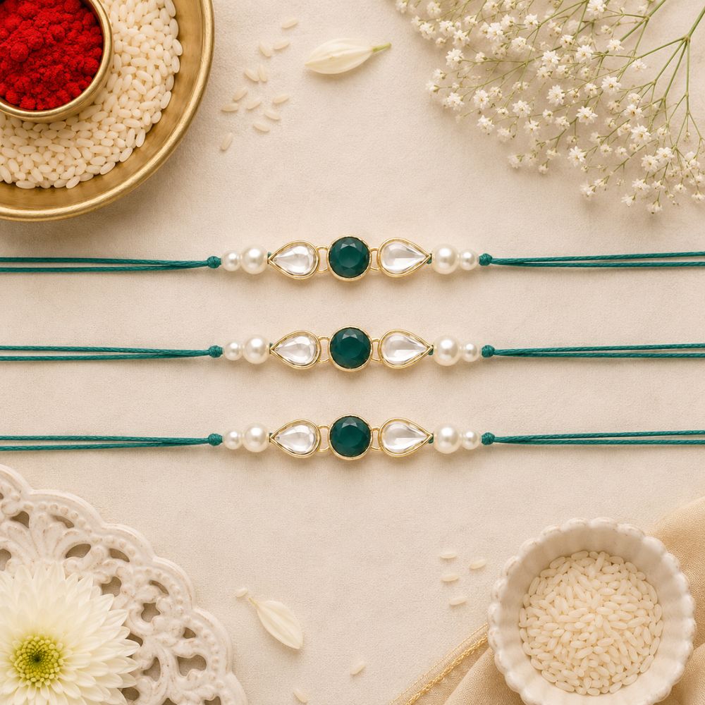 Dazzling Pearl Kundan Stone Rakhi with Roli Chawal & Card (Pack of 3)