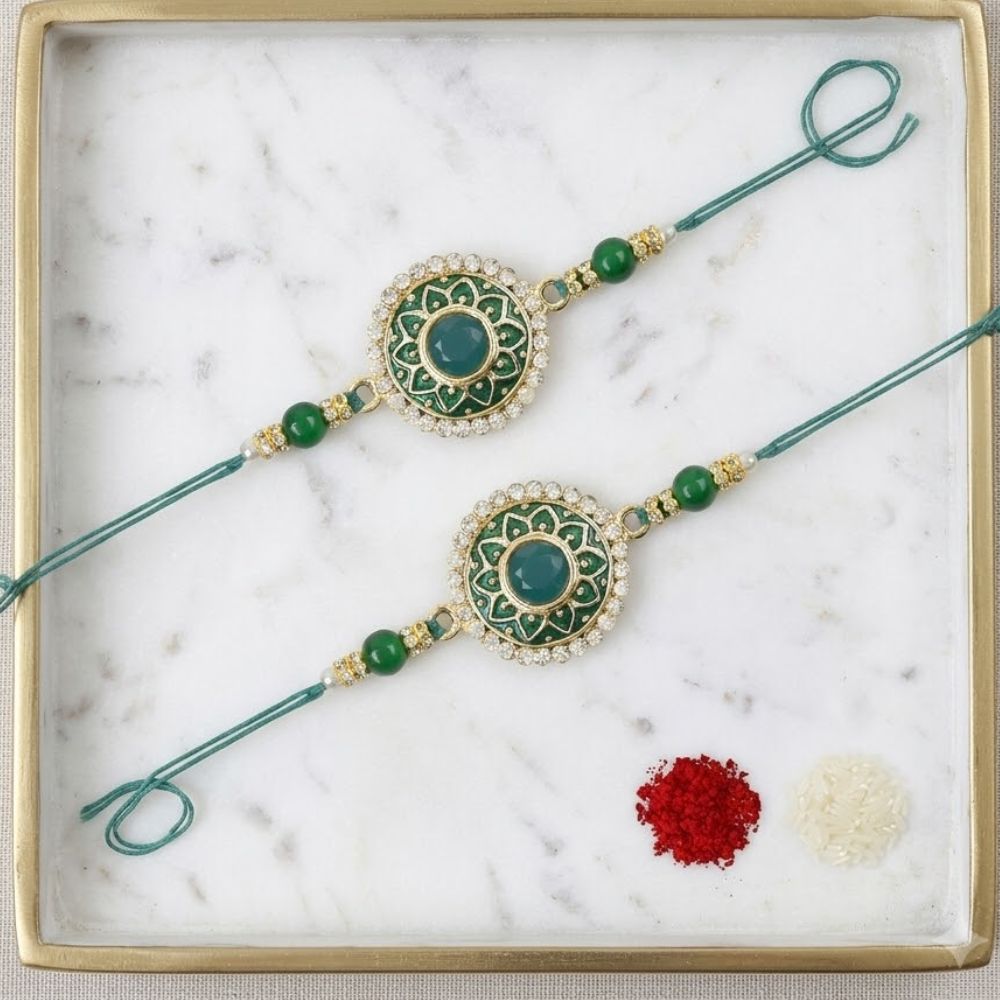Colourful Beads And Meenakari Rakhi with Roli Chawal & Card (Pack of 2)