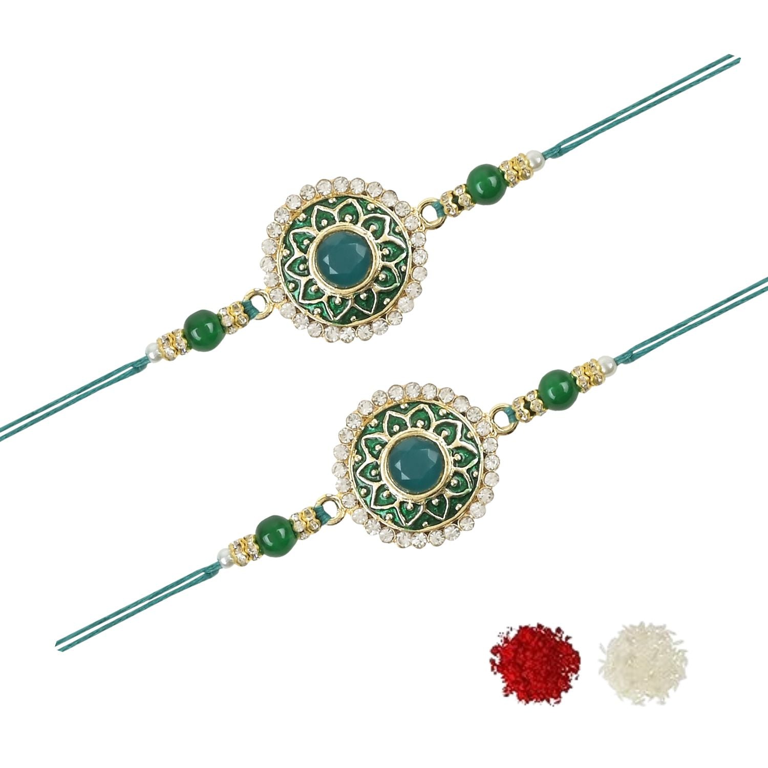 Colourful Beads And Meenakari Rakhi with Roli Chawal & Card (Pack of 2)