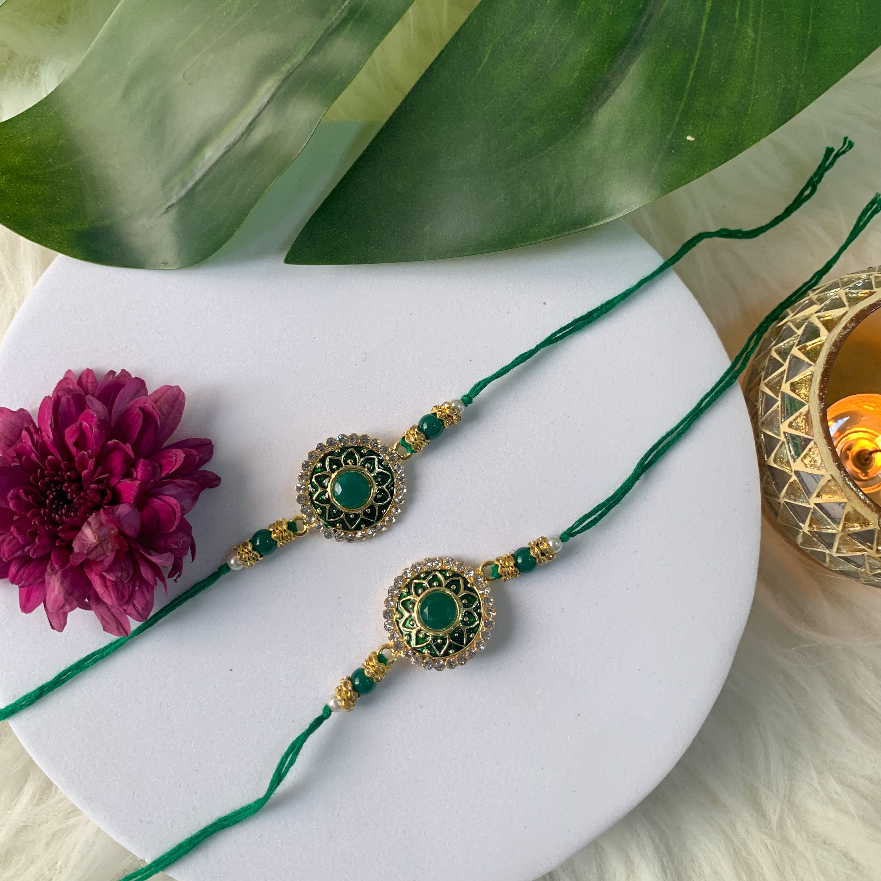 Colourful Beads And Meenakari Rakhi with Roli Chawal & Card (Pack of 2)