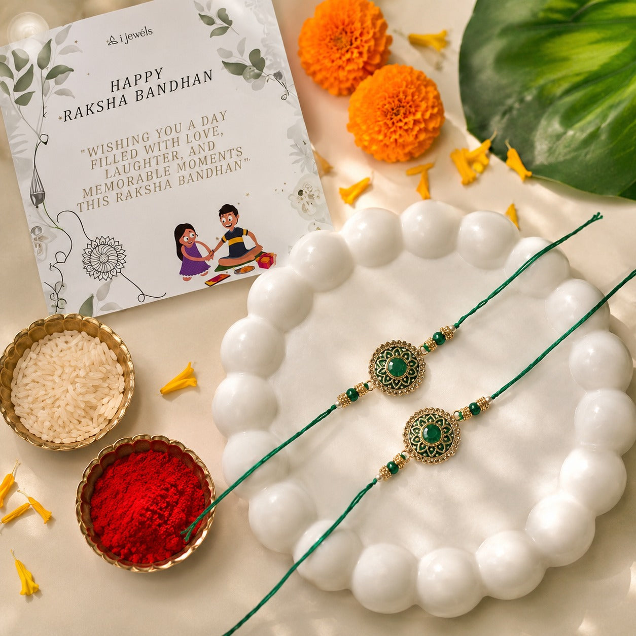 Colourful Beads And Meenakari Rakhi with Roli Chawal & Card (Pack of 2)
