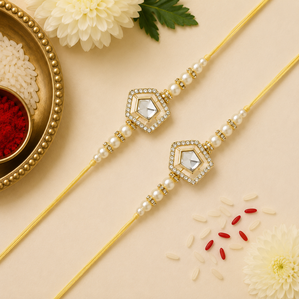 Dazzling Pearl Kundan Stone Rakhi with Roli Chawal & Card (Pack of 2)