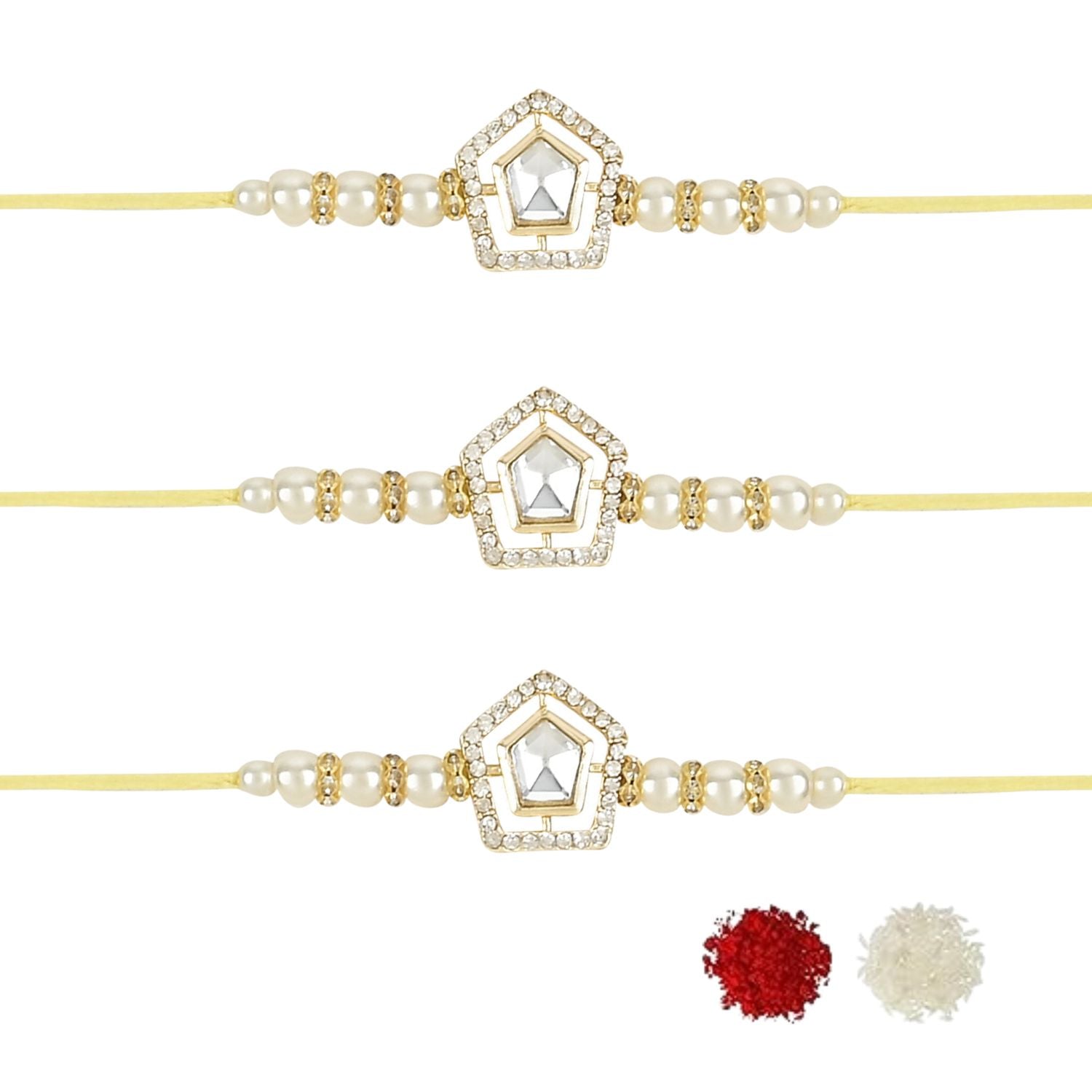 Dazzling Pearl Kundan Stone Rakhi with Roli Chawal & Card (Pack of 3)