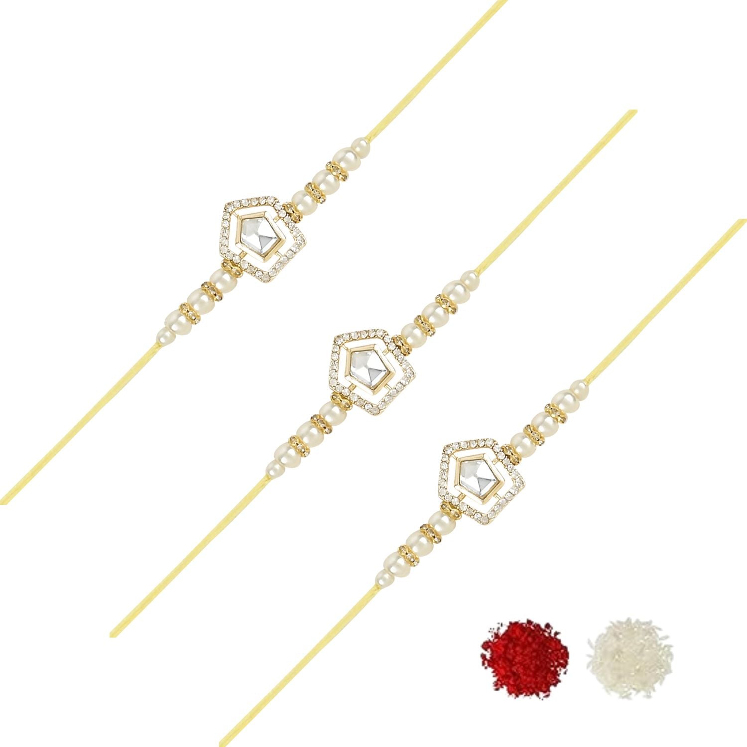 Dazzling Pearl Kundan Stone Rakhi with Roli Chawal & Card (Pack of 3)