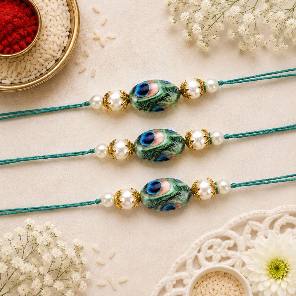 Beautiful Peacock Feather Rakhi with Roli Chawal & Card (Pack of 3)