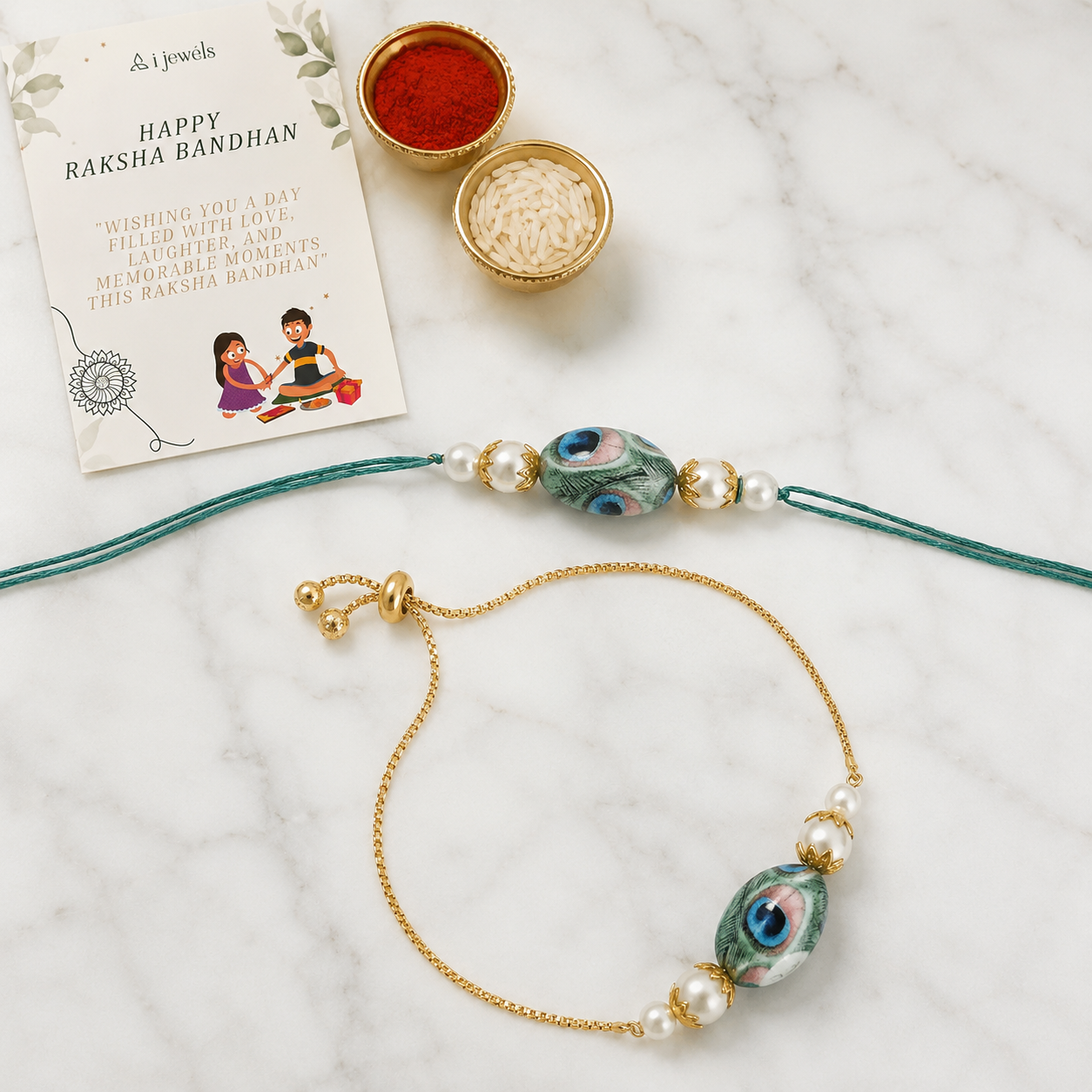 Elegant Bhaiya Bhabhi Lumba Peacock Feather Rakhi With Roli Chawal & Card