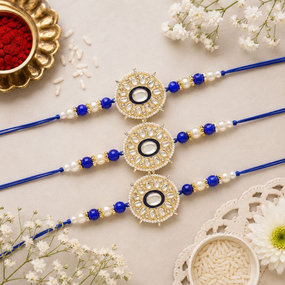 Beautiful Kundan & Pearl Beads Rakhi with Roli Chawal & Card (Pack of 3)