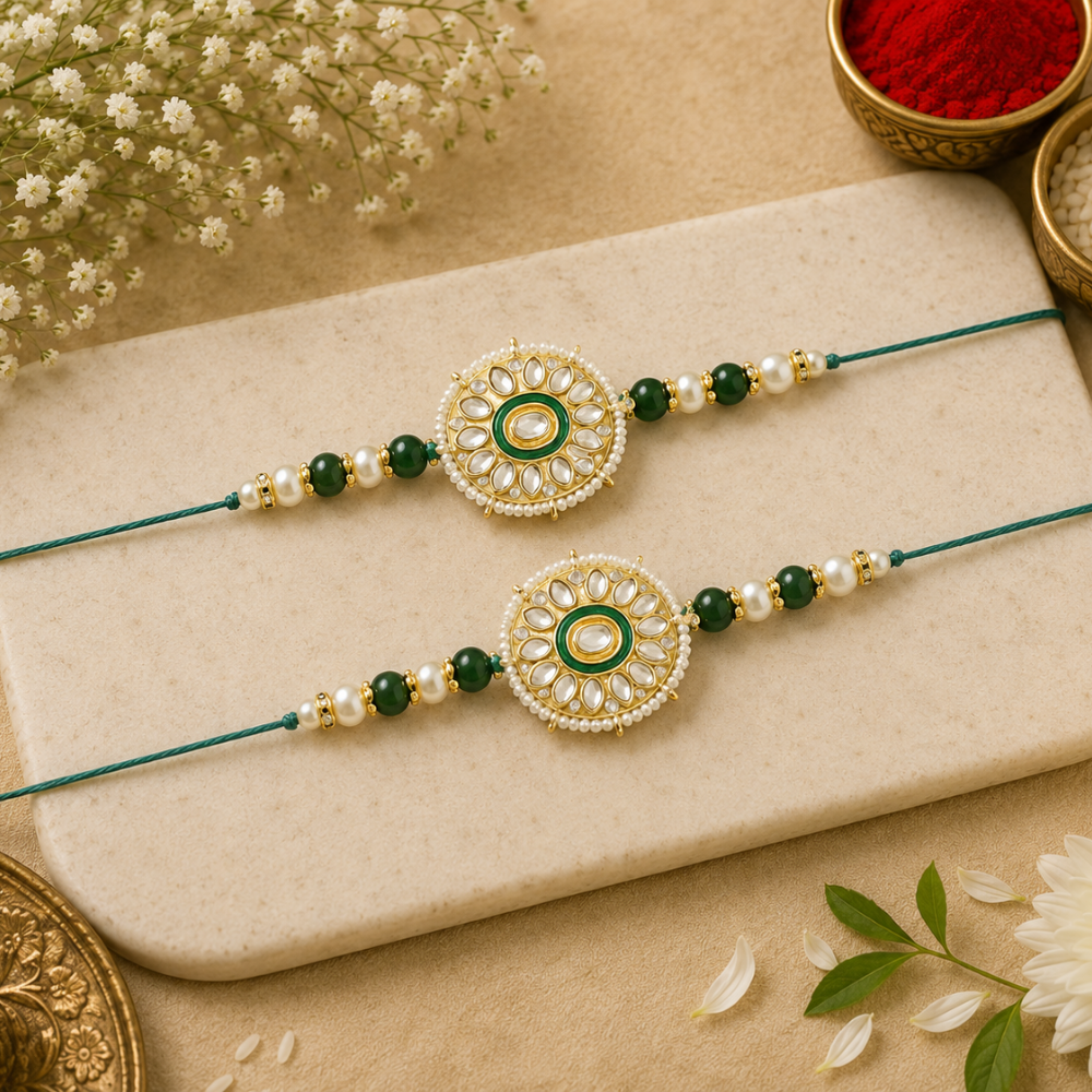 Beautiful Kundan & Pearl Beads Rakhi with Roli Chawal & Card (Pack of 2)