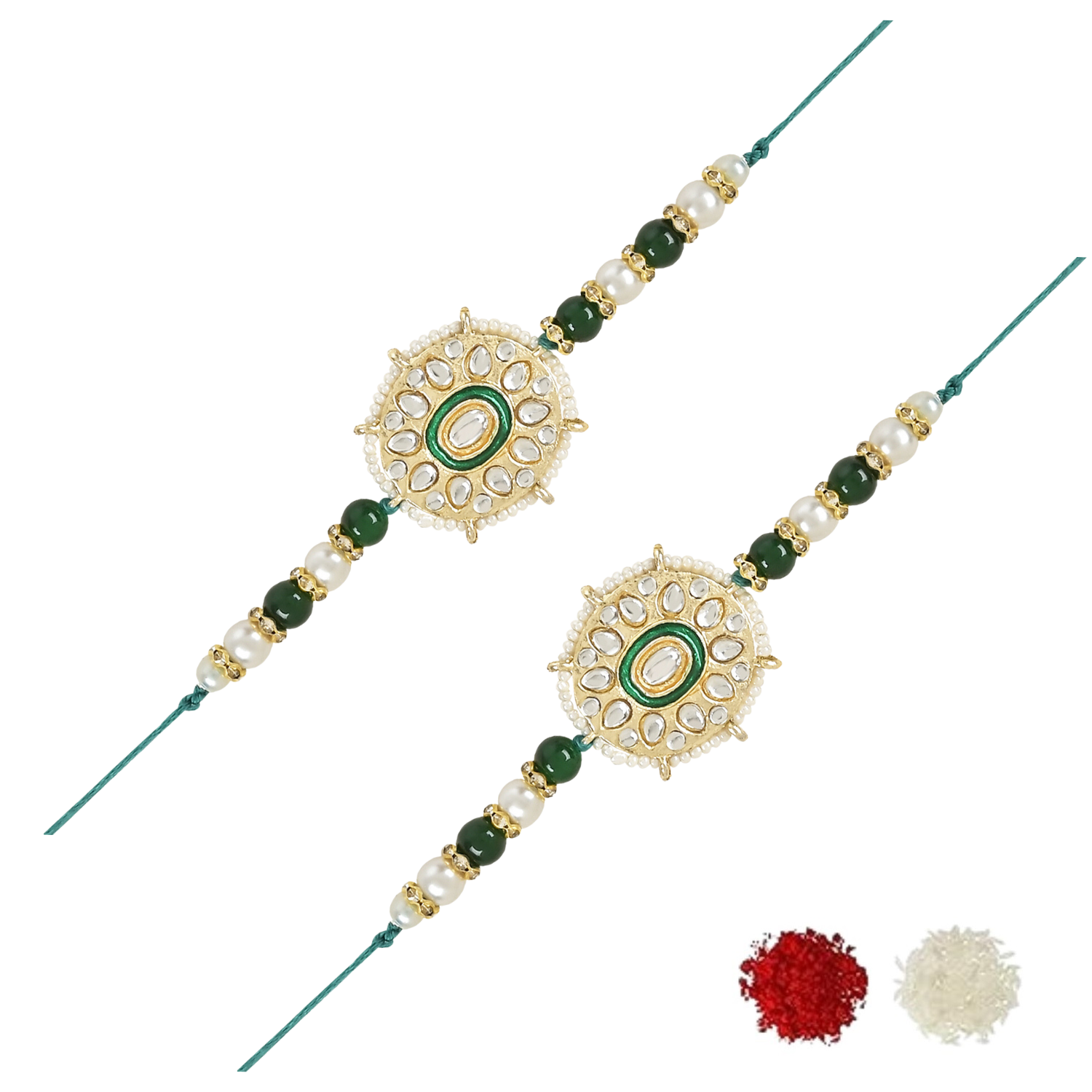 Beautiful Kundan & Pearl Beads Rakhi with Roli Chawal & Card (Pack of 2)
