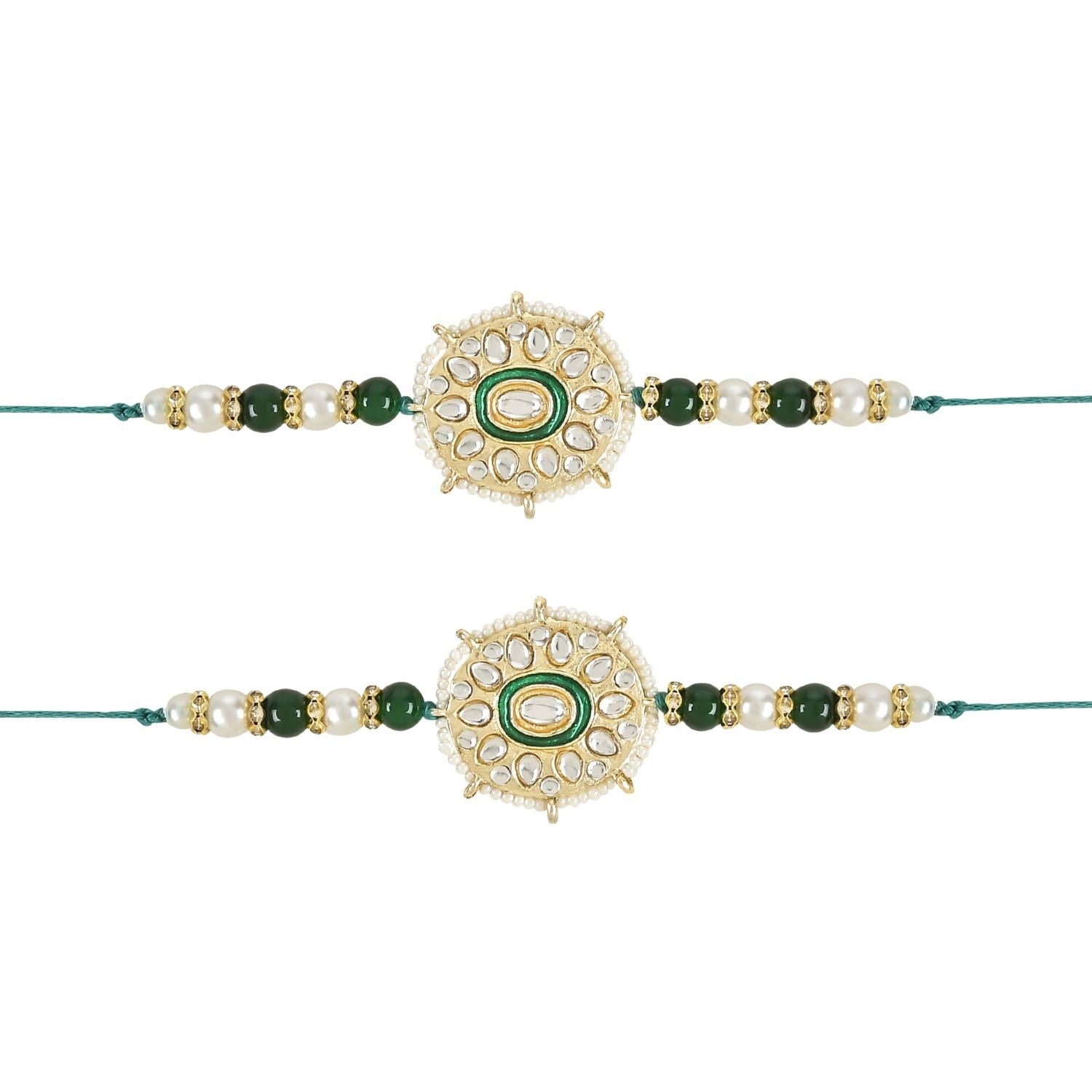 Beautiful Kundan & Pearl Beads Rakhi with Roli Chawal & Card (Pack of 2)