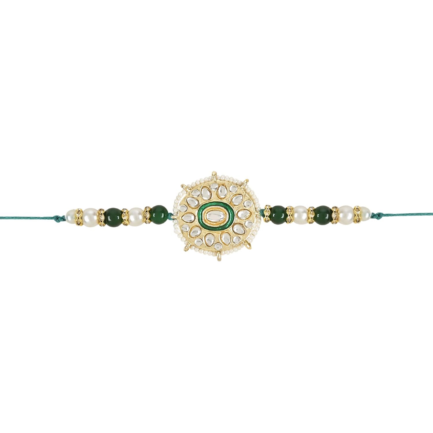 Beautiful Kundan & Pearl Beads Rakhi with Roli Chawal & Card