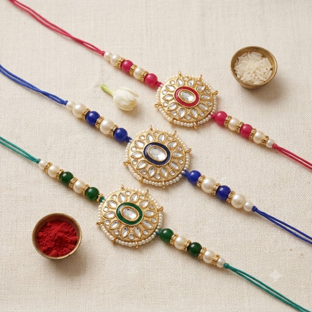 Beautiful Kundan & Pearl Beads Rakhi with Roli Chawal & Card (Pack of 3)