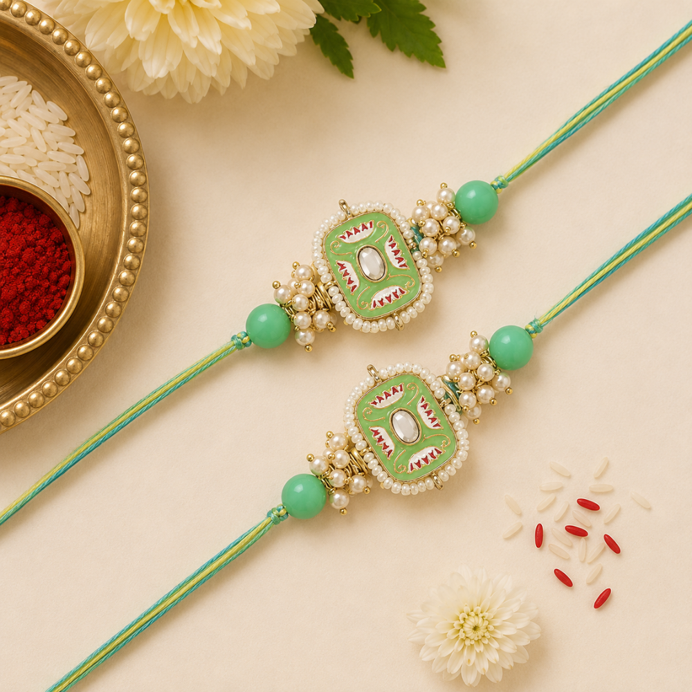 Mesmerizing Kundan And Meena Rakhi With Roli Chawal & Card (Pack of 2)