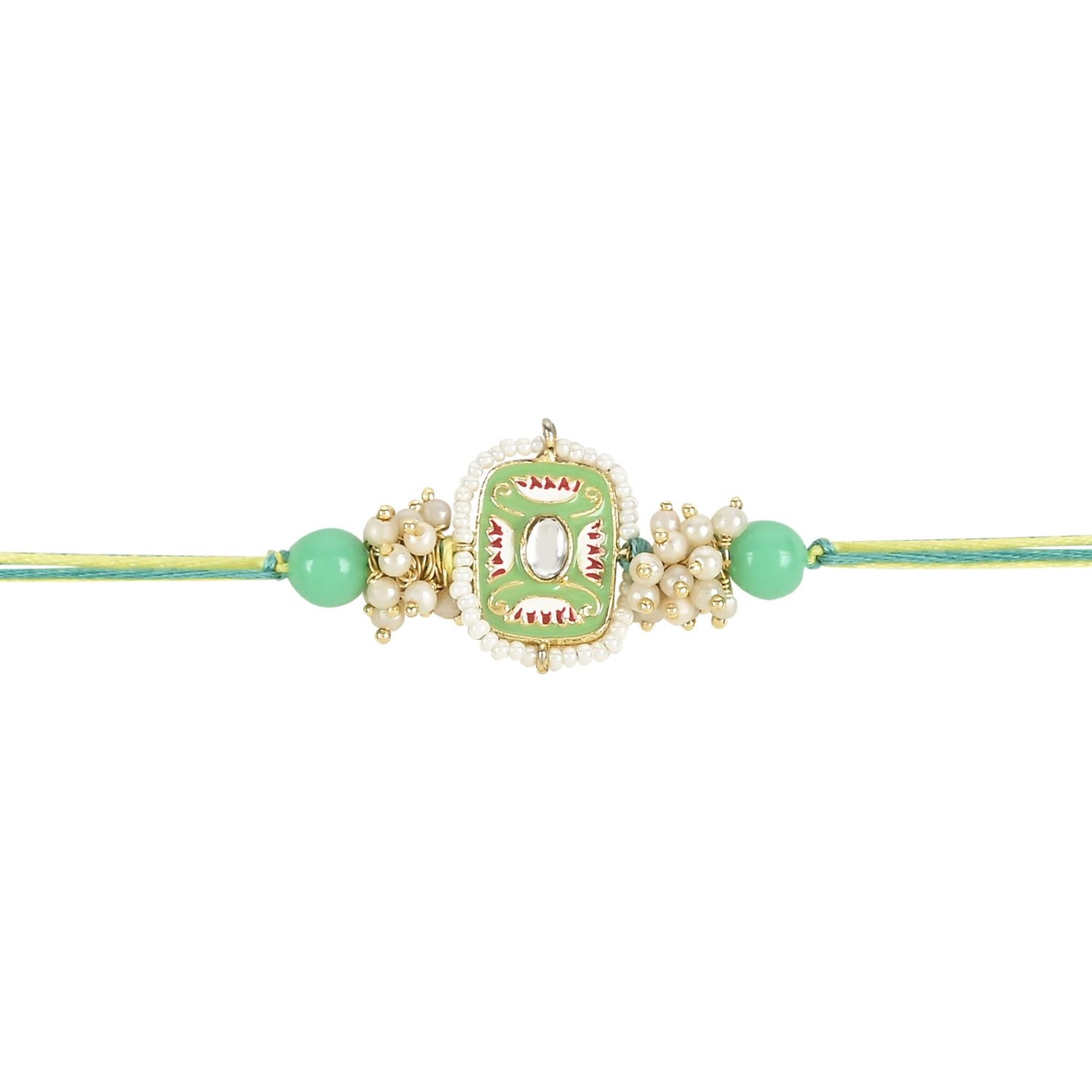 Mesmerizing Kundan And Meena Rakhi With Roli Chawal & Card (Pack of 3)