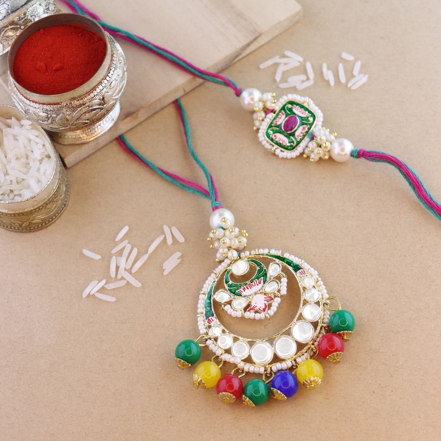 Elegant Bhaiya Bhabhi Lumba & Pearl Rakhi With Roli Chawal & Card