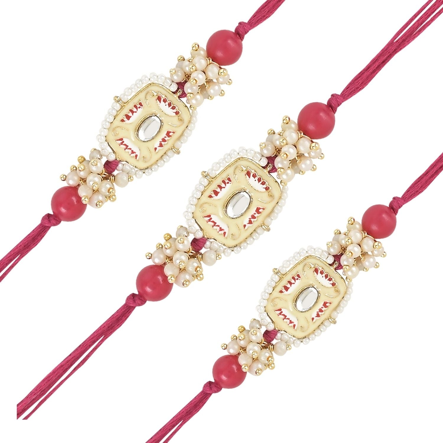 Mesmerizing Kundan And Meena Rakhi With Roli Chawal & Card (Pack of 3)