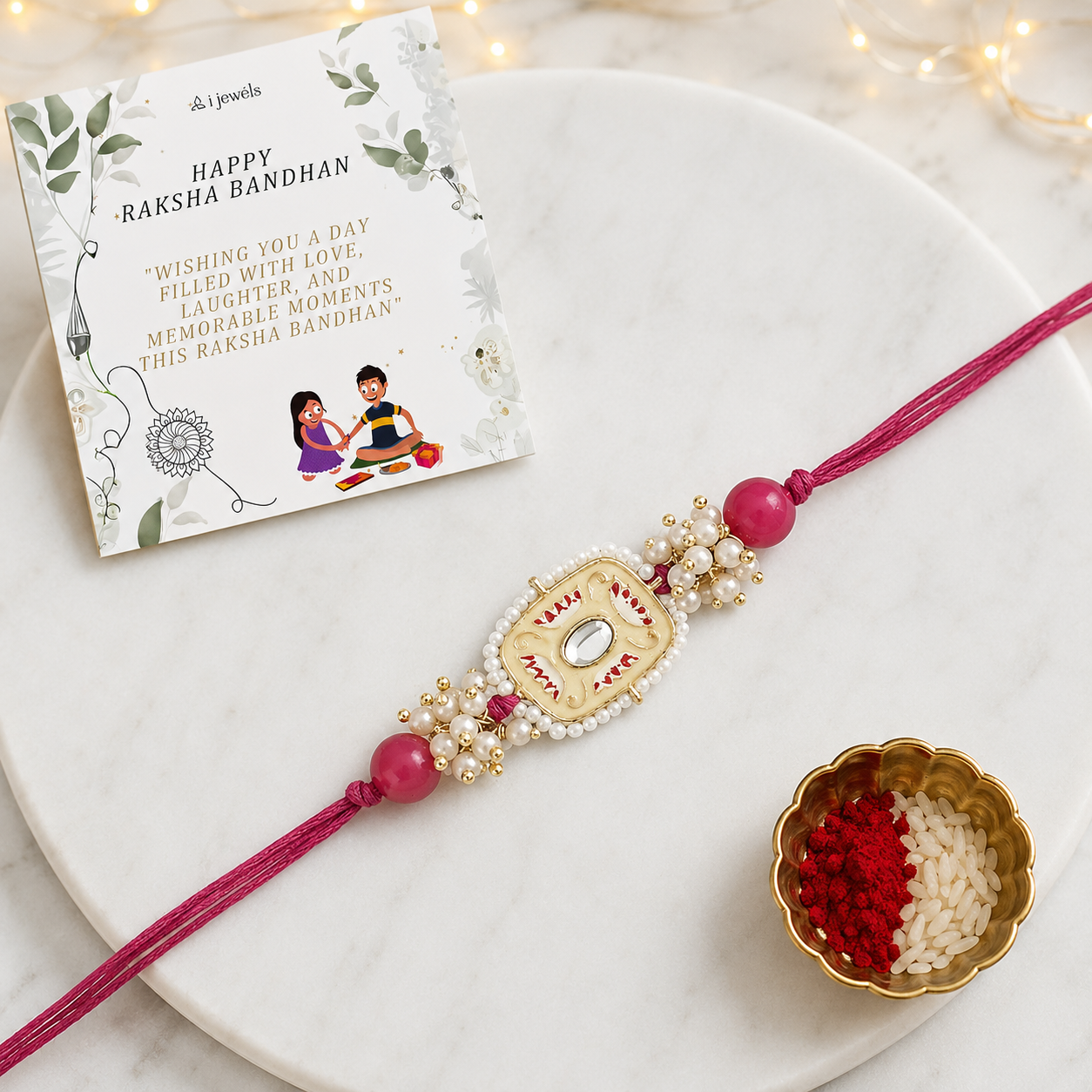 Mesmerizing Kundan And Meena Rakhi With Roli Chawal & Card