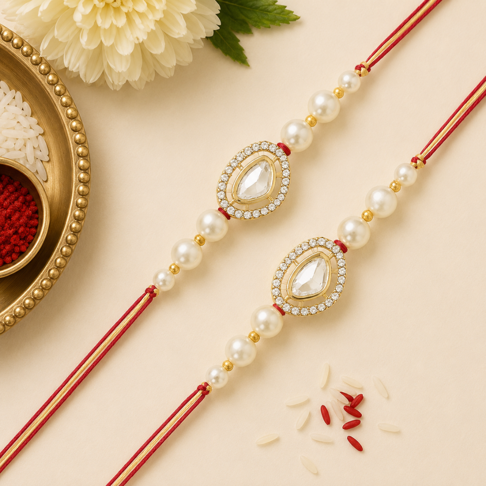 Dazzling Pearl Kundan Stone Rakhi with Roli Chawal & Card