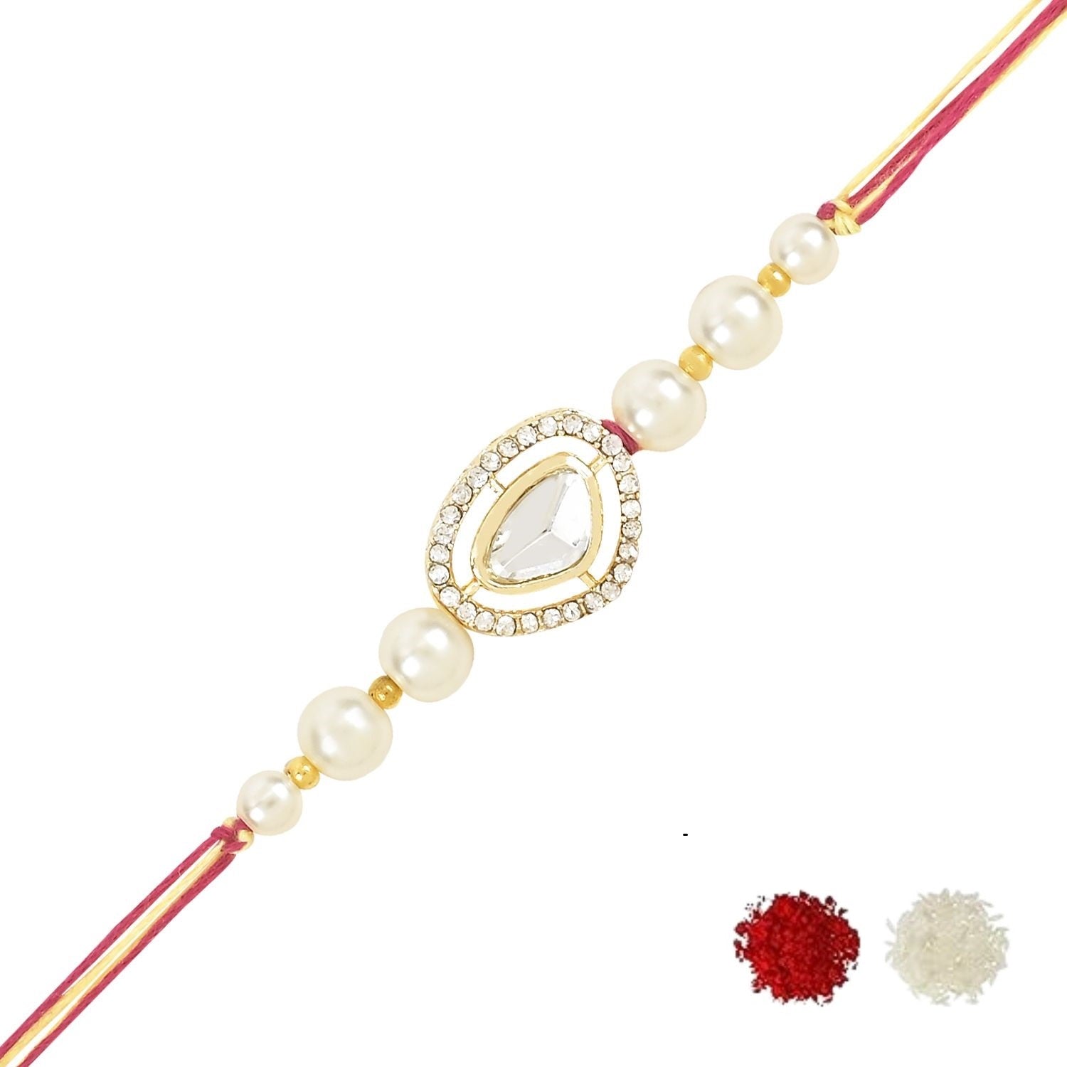 Dazzling Pearl Kundan Stone Rakhi with Roli Chawal & Card