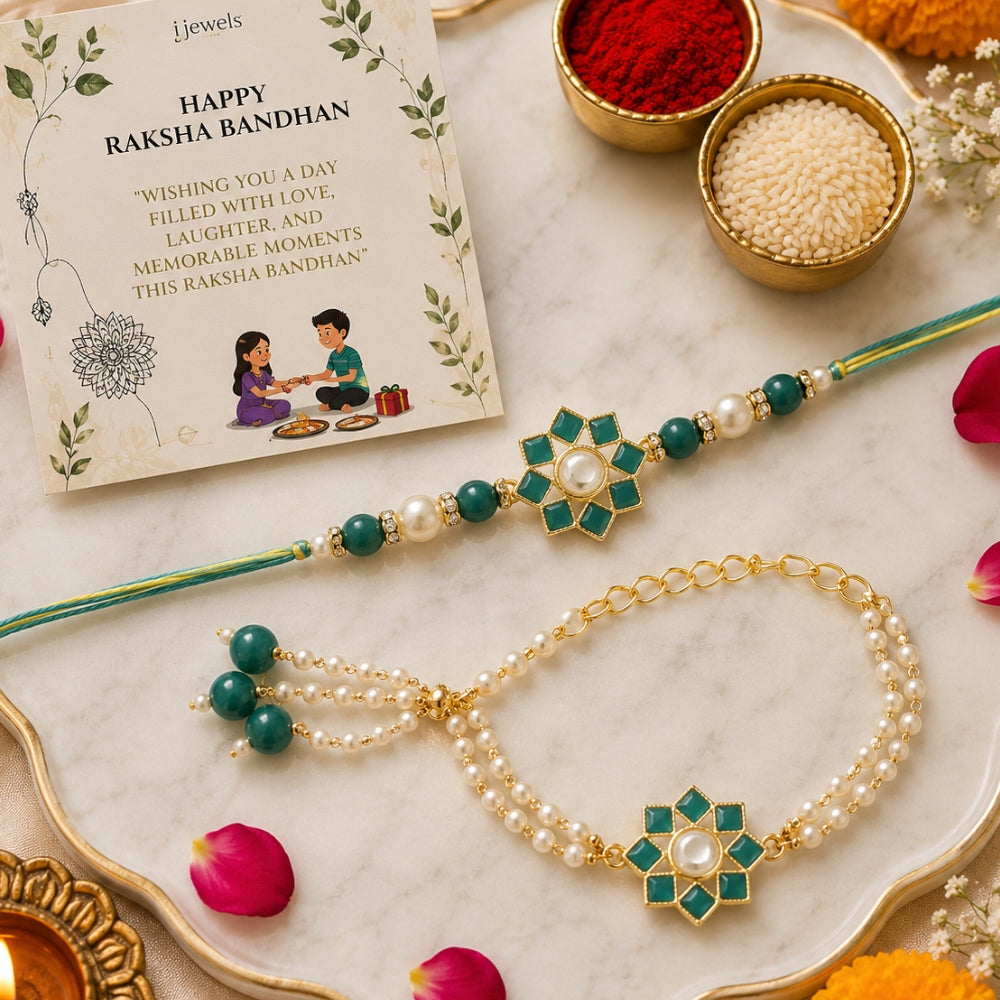 Elegant Bhaiya Bhabhi Lumba & Pearl Rakhi With Roli Chawal & Card