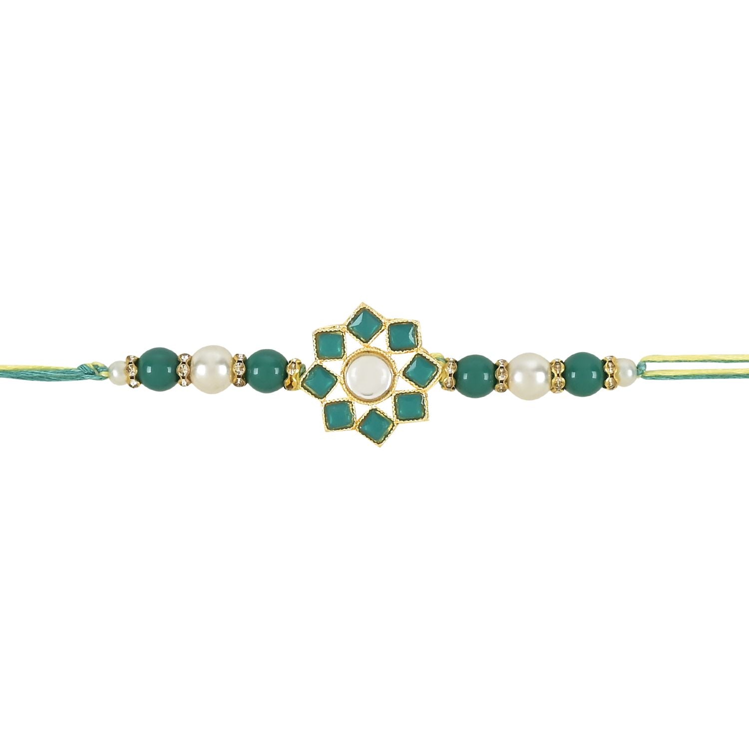 Dazzling Pearl Kundan Stone Rakhi with Roli Chawal & Card