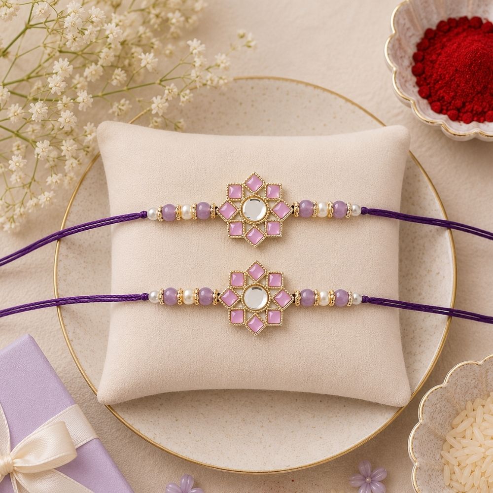 Dazzling Pearl Kundan Stone Rakhi with Roli Chawal & Card (Pack of 2)