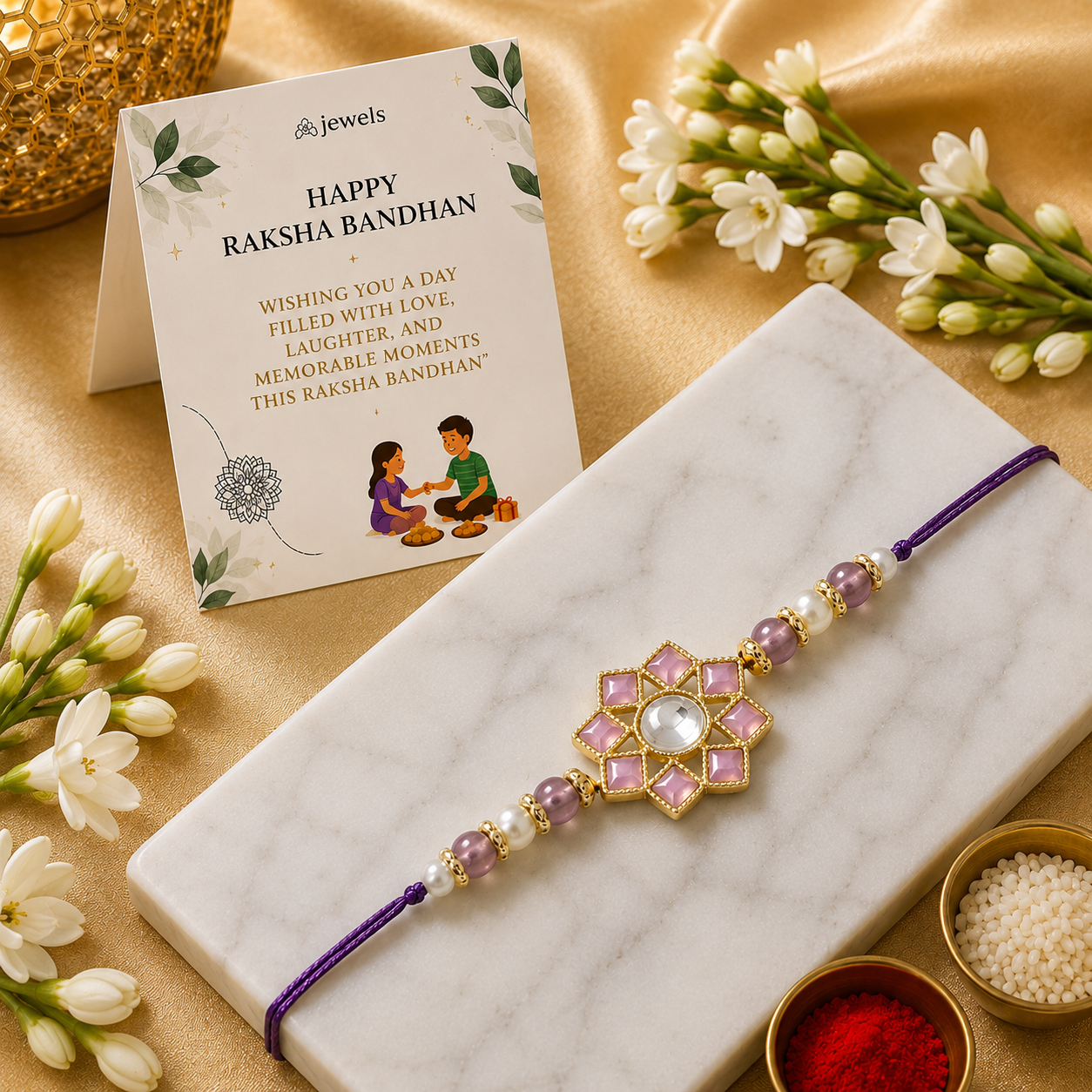 Dazzling Pearl Kundan Stone Rakhi with Roli Chawal & Card