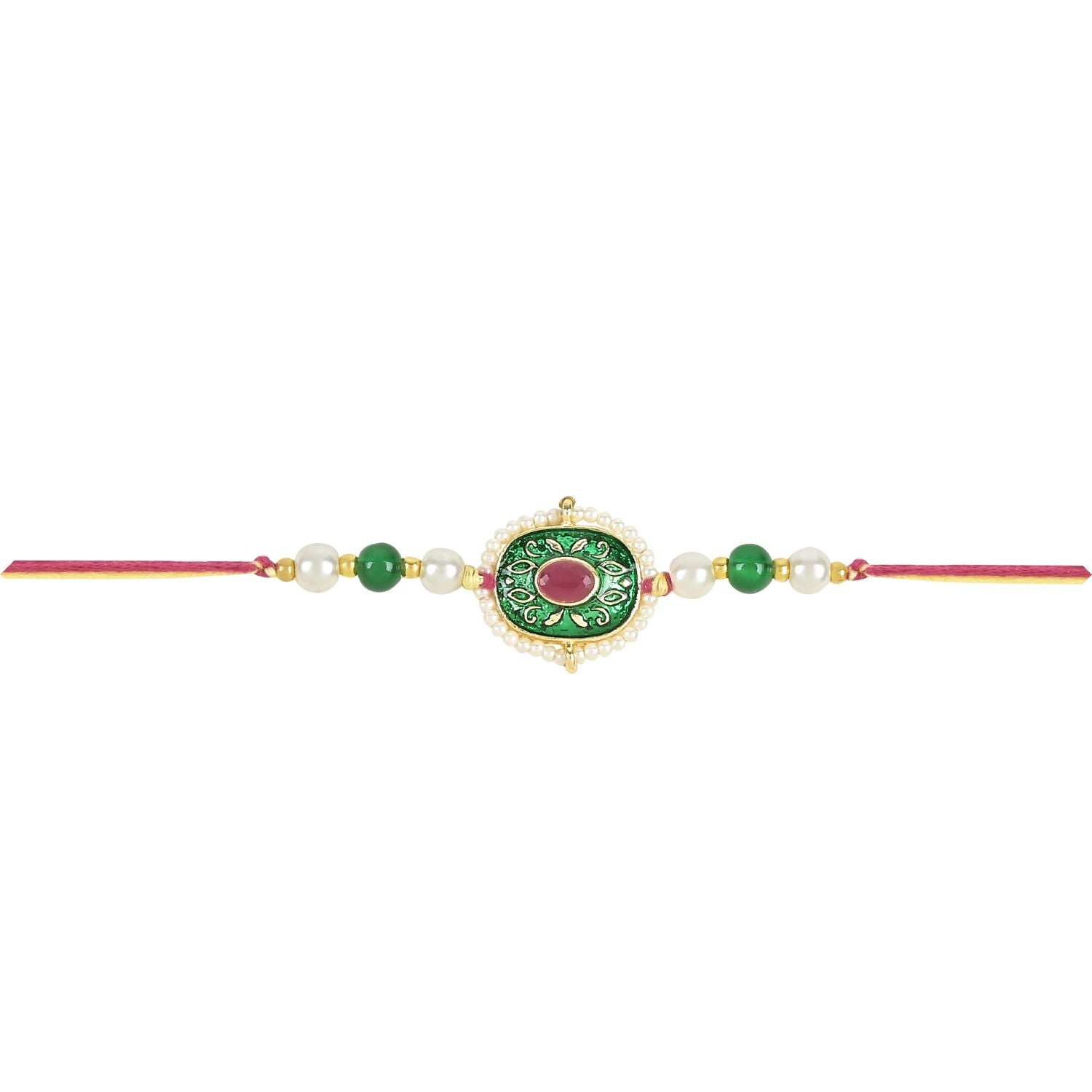 Beautiful Meenakari Kundan & Pearl Rakhi with Roli Chawal & Card