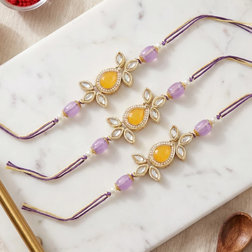 Beautiful Kundan & Pearl Rakhi with Roli Chawal & Card (Pack of 3)