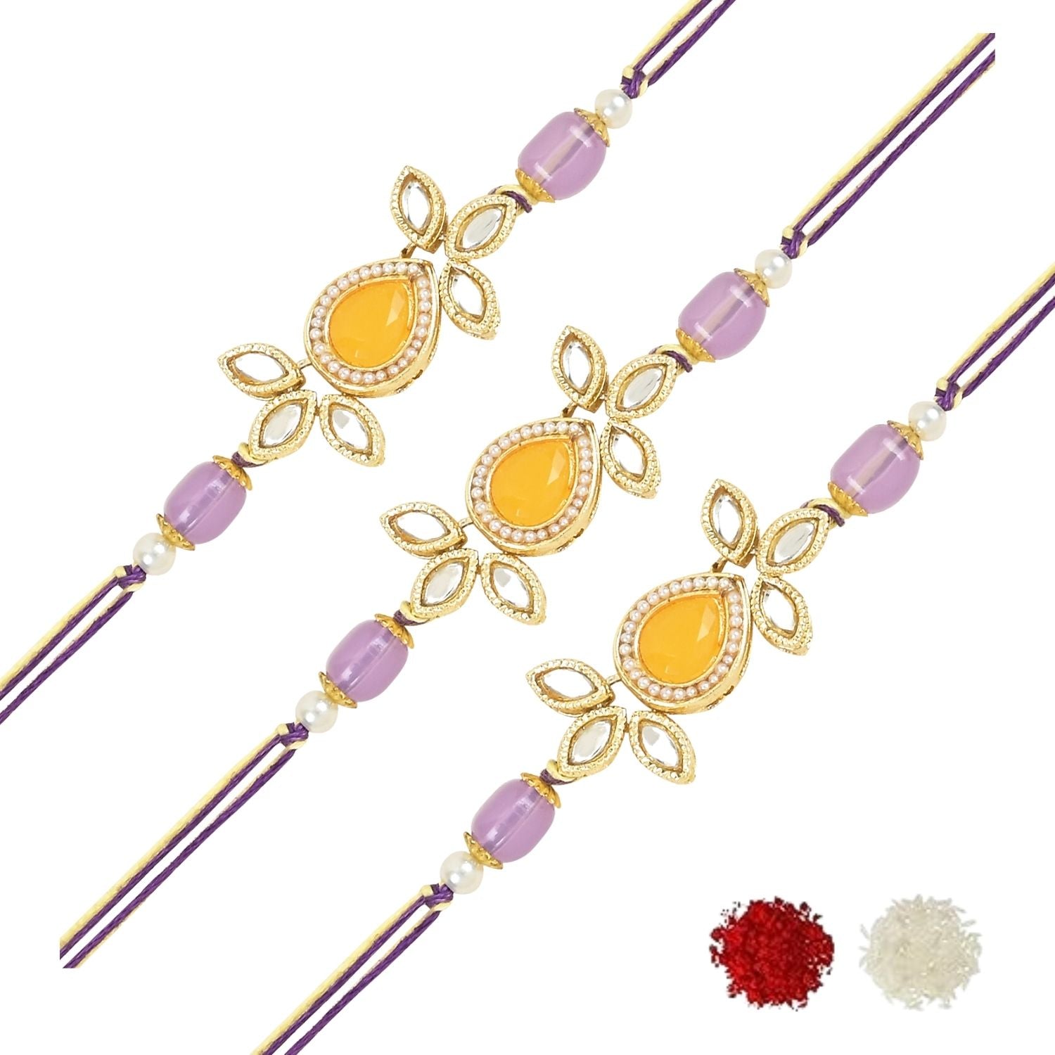 Beautiful Kundan & Pearl Rakhi with Roli Chawal & Card (Pack of 3)