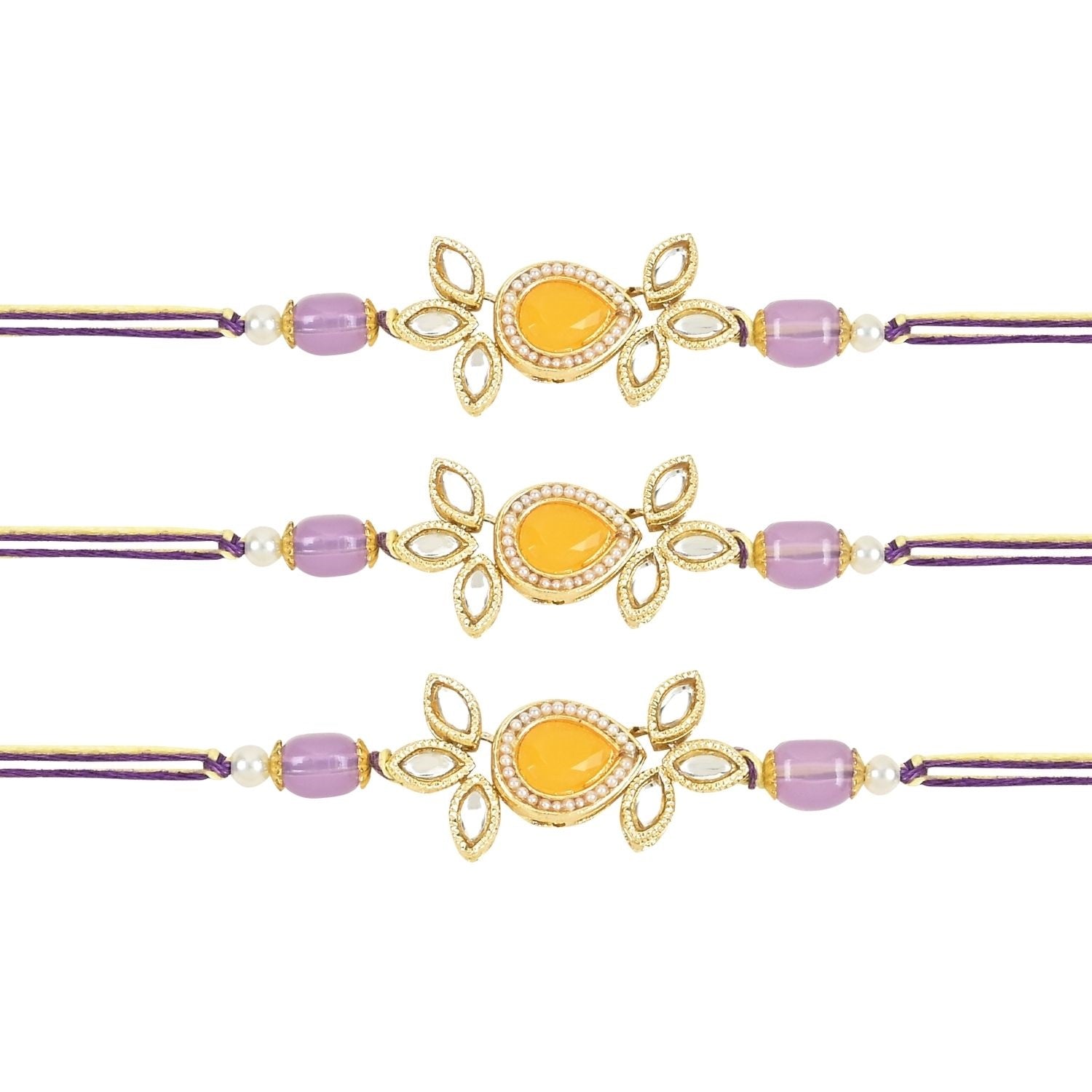 Beautiful Kundan & Pearl Rakhi with Roli Chawal & Card (Pack of 3)