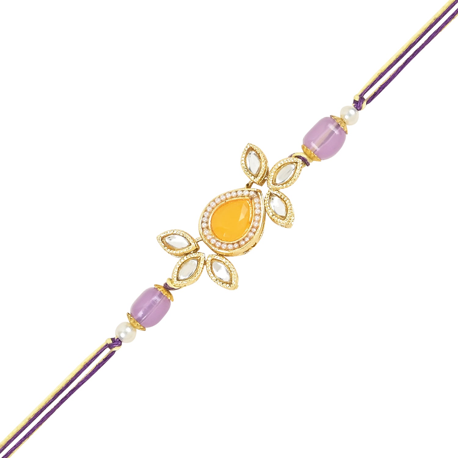 Beautiful Kundan & Pearl Rakhi with Roli Chawal & Card (Pack of 3)