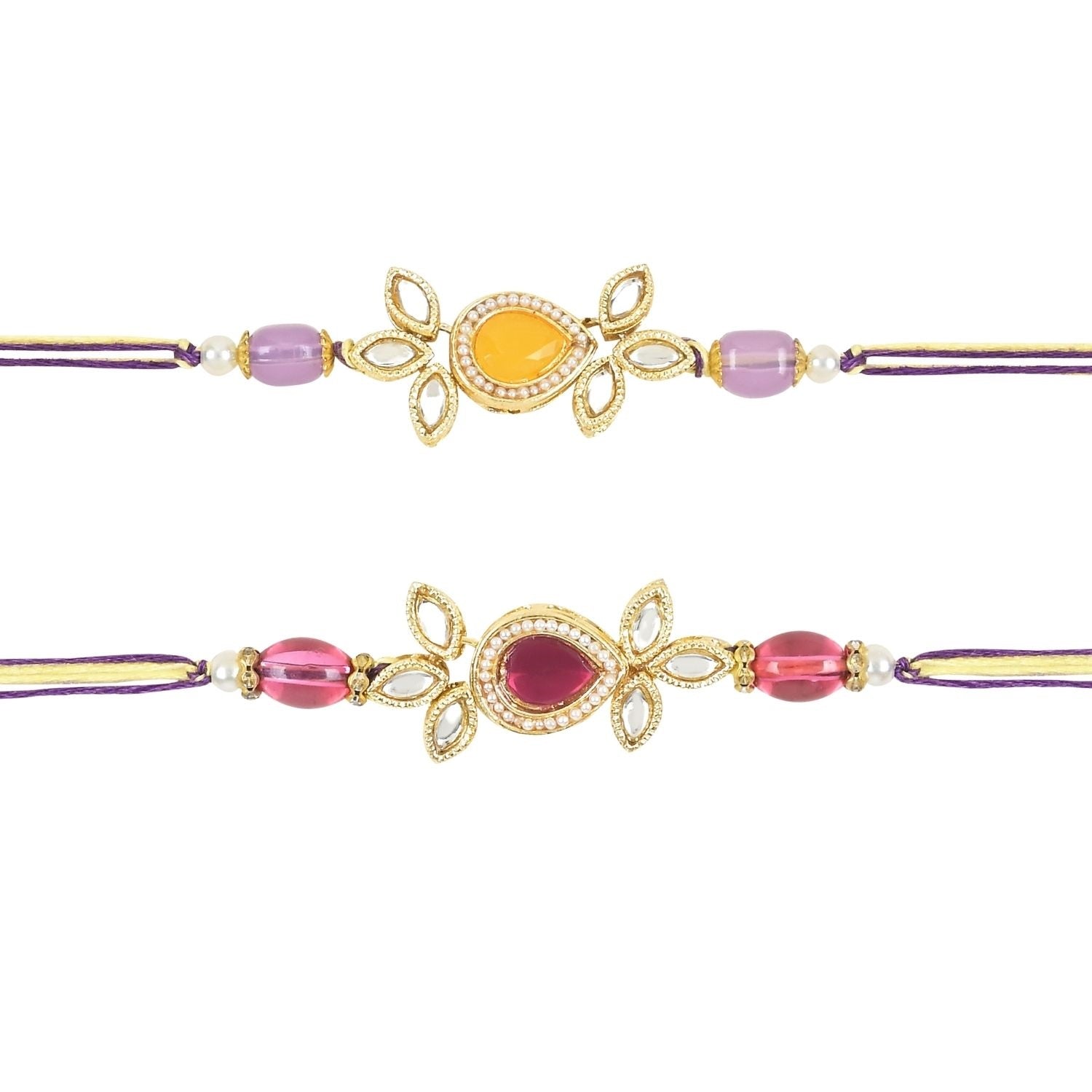 Beautiful Kundan & Pearl Rakhi with Roli Chawal & Card (Pack of 3)