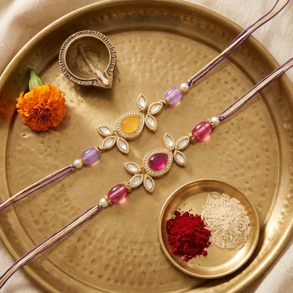 Beautiful Kundan & Pearl Rakhi with Roli Chawal & Card (Pack of 3)