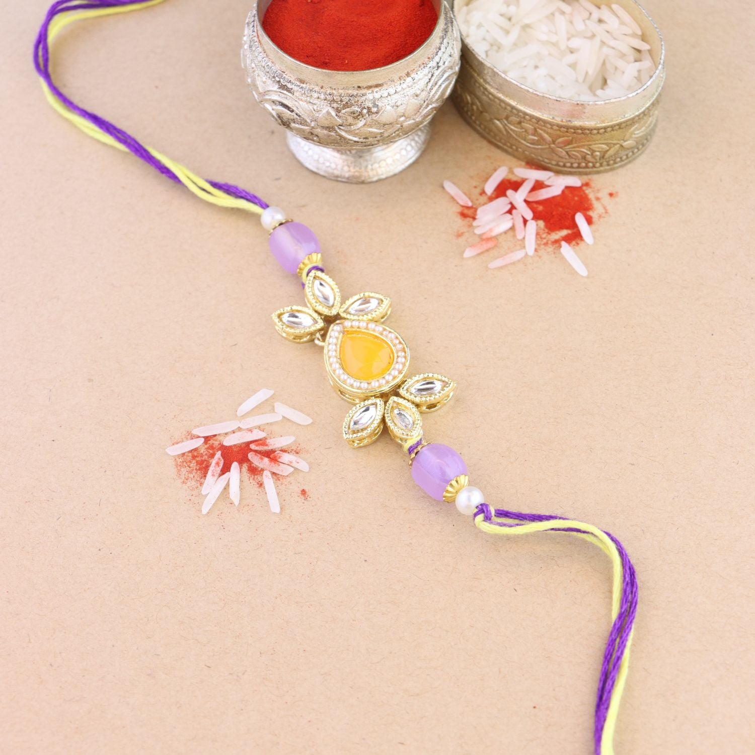 Beautiful Kundan & Pearl Rakhi with Roli Chawal & Card