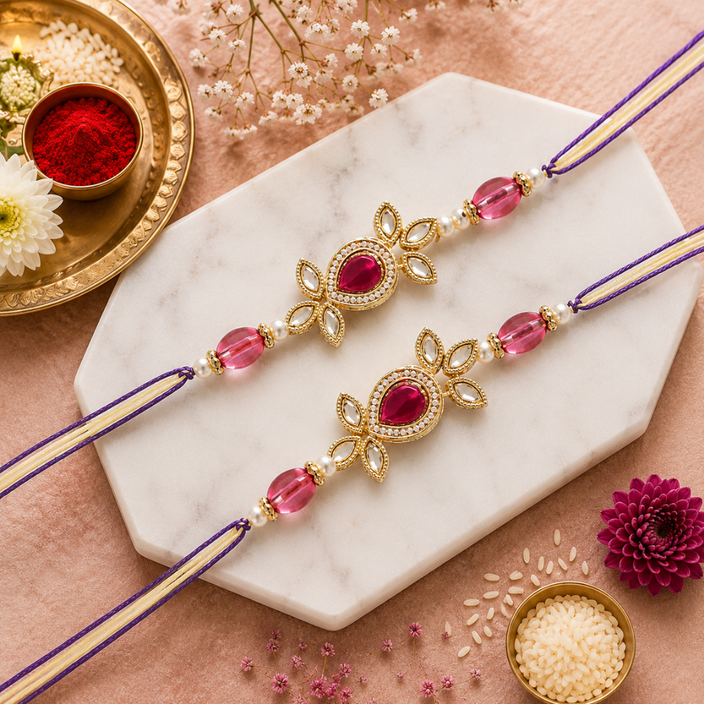 Beautiful Kundan & Pearl Rakhi with Roli Chawal & Card (Pack of 2)