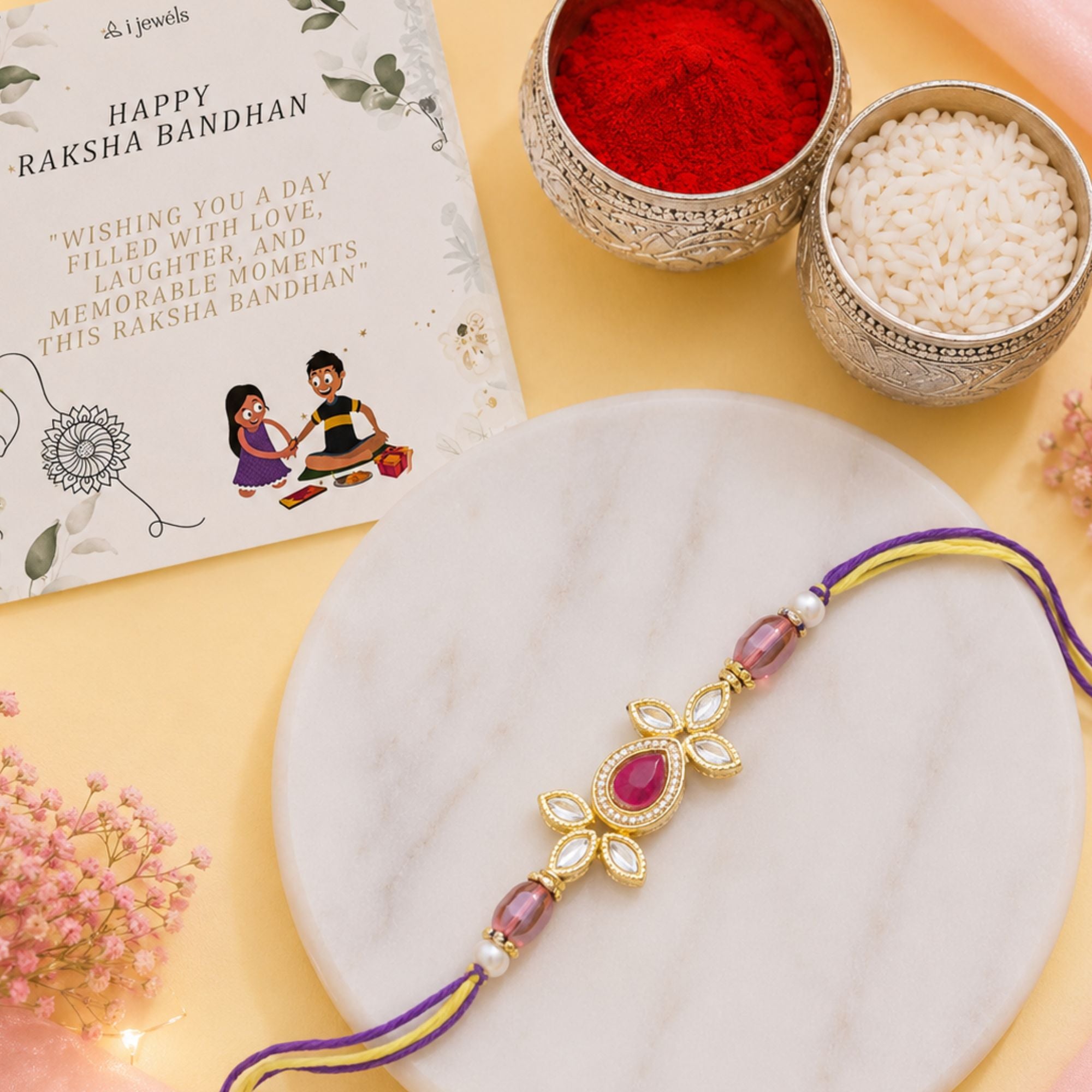 Beautiful Kundan & Pearl Rakhi with Roli Chawal & Card