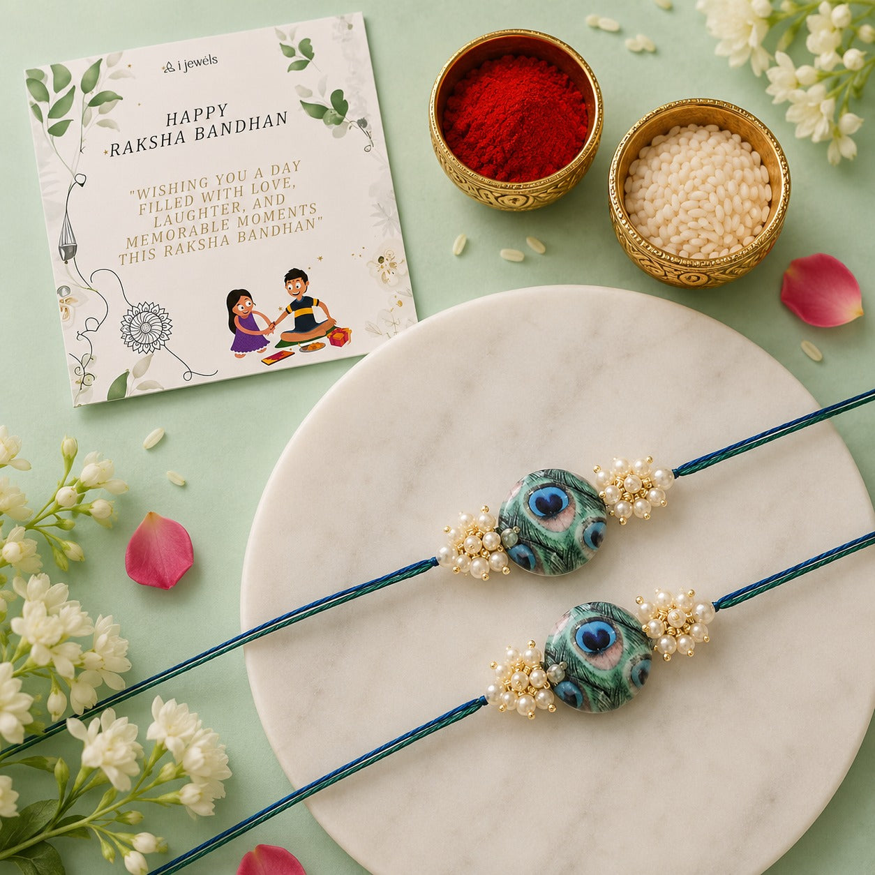 Beautiful Peacock Feather Rakhi with Roli Chawal & Card (Pack of 2
