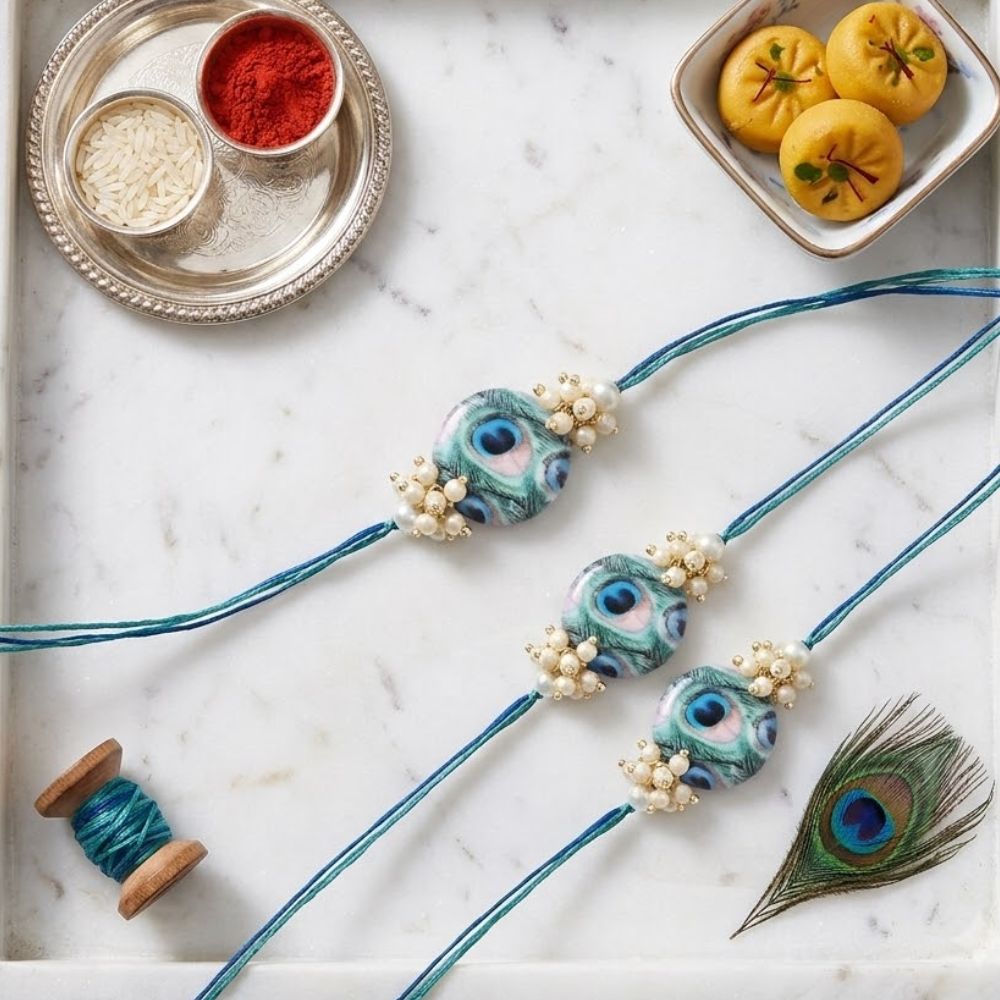 Beautiful Peacock Feather Rakhi with Roli Chawal & Card (Pack of 3)