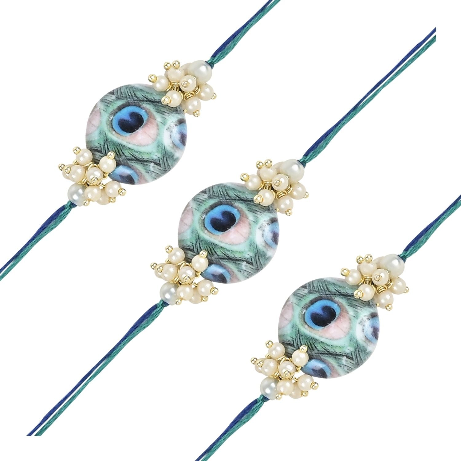 Beautiful Peacock Feather Rakhi with Roli Chawal & Card (Pack of 3)