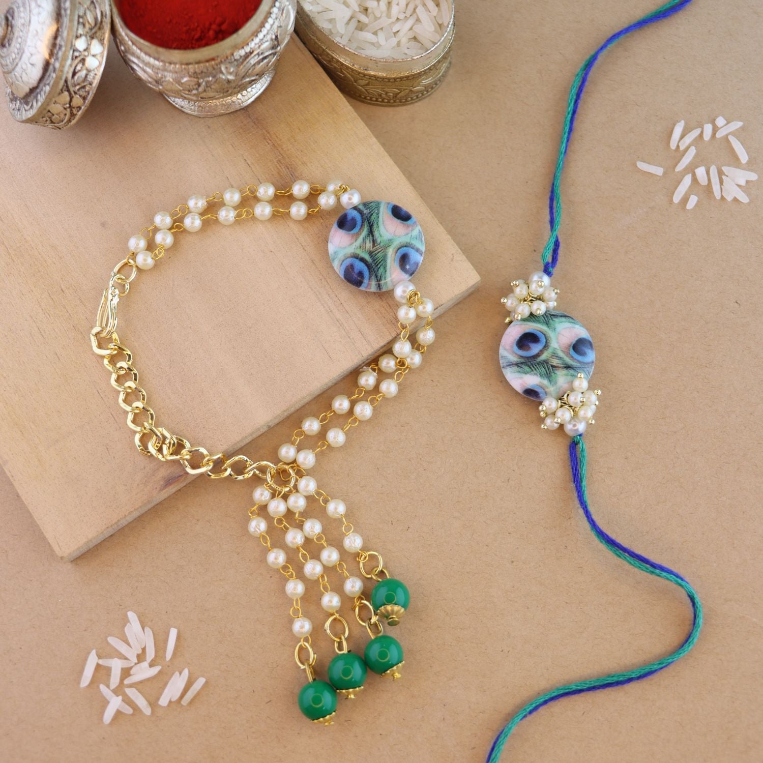 Elegant Bhaiya Bhabhi Lumba Peacock Feather Rakhi With Roli Chawal & Card