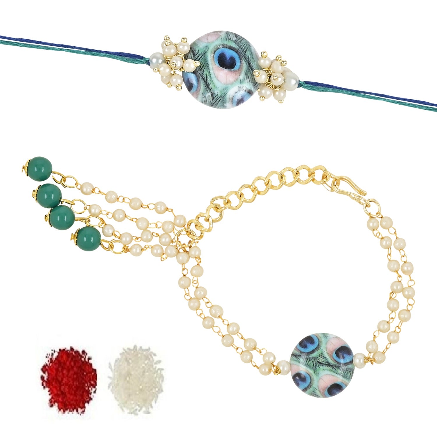 Elegant Bhaiya Bhabhi Lumba Peacock Feather Rakhi With Roli Chawal & Card